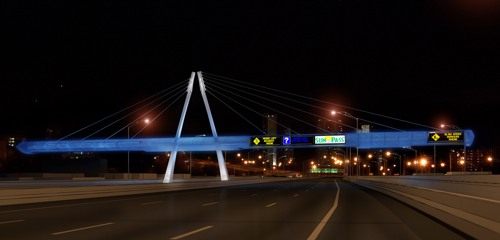 A toll gantry in Florida is illuminated after dark by LED lighting