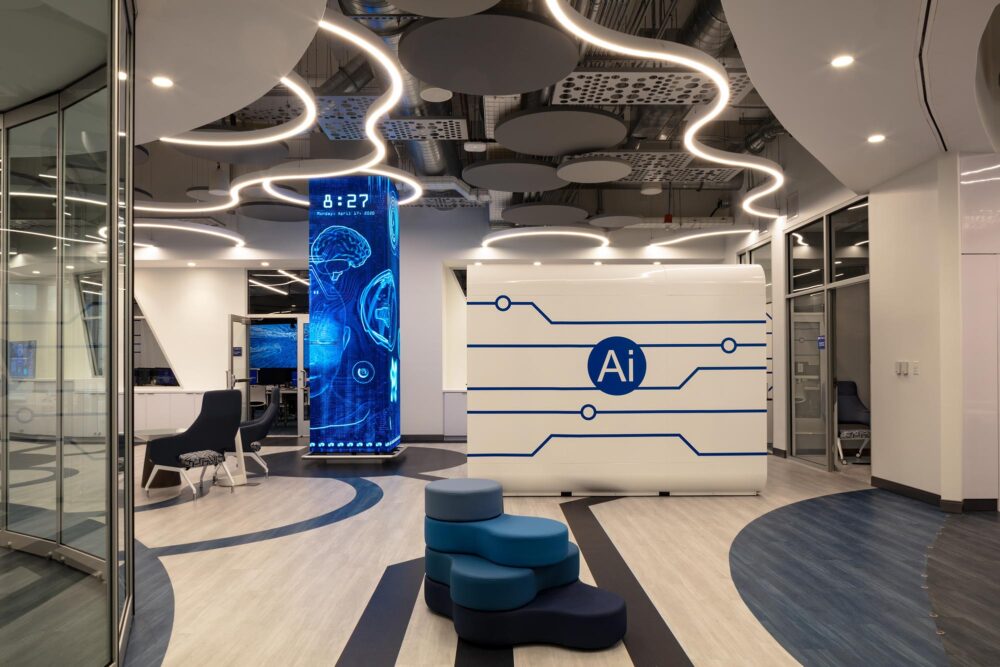 Suspended geometric linear lighting at Miami Dade Wolfson Campus AI center