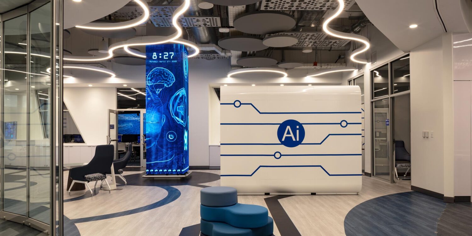 Suspended geometric linear lighting at Miami Dade Wolfson Campus AI center